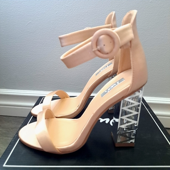 Qupid | lt champagne satin ~ clear chunk high heel with ankle buckle - Picture 4 of 9